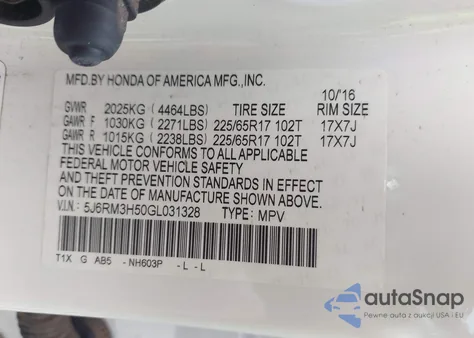 2016 Honda Cr-V Ex z USA, uszkodzony, nr VIN 5J6RM3H50GL031328